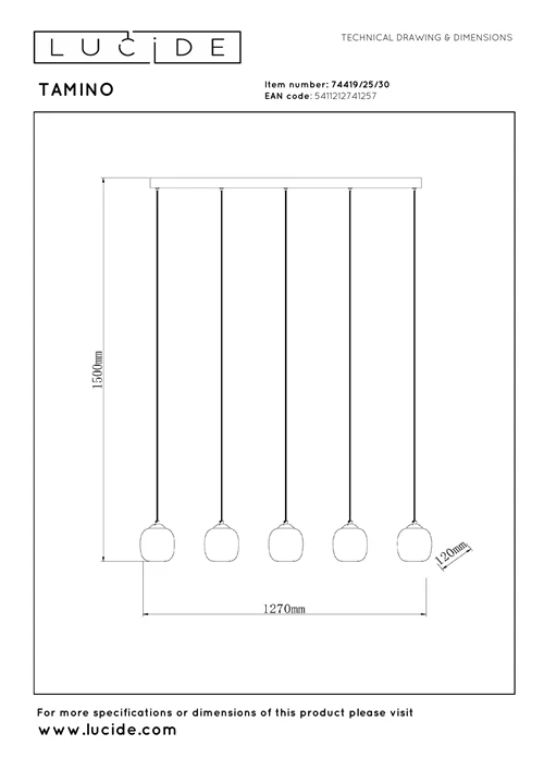 Lucide TAMINO - Lámpara colgante - LED Regul. - 5x5,6W 3000K - Negro - técnico